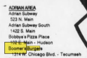 Frosty Freeze Drive-In (Boomers Burgers) - Oct 1991 Ad For Tecumseh